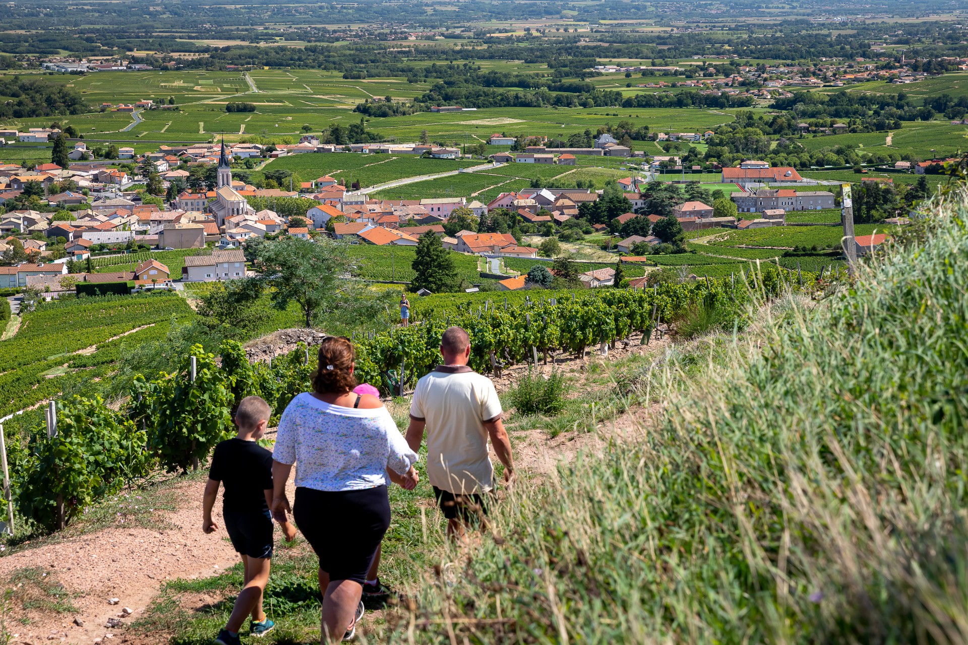 Famille en balade à pied dans les crus du Beaujolais. Les personnes longent la vigne qui domine le village de Fleurie et le plaine de la Saône.