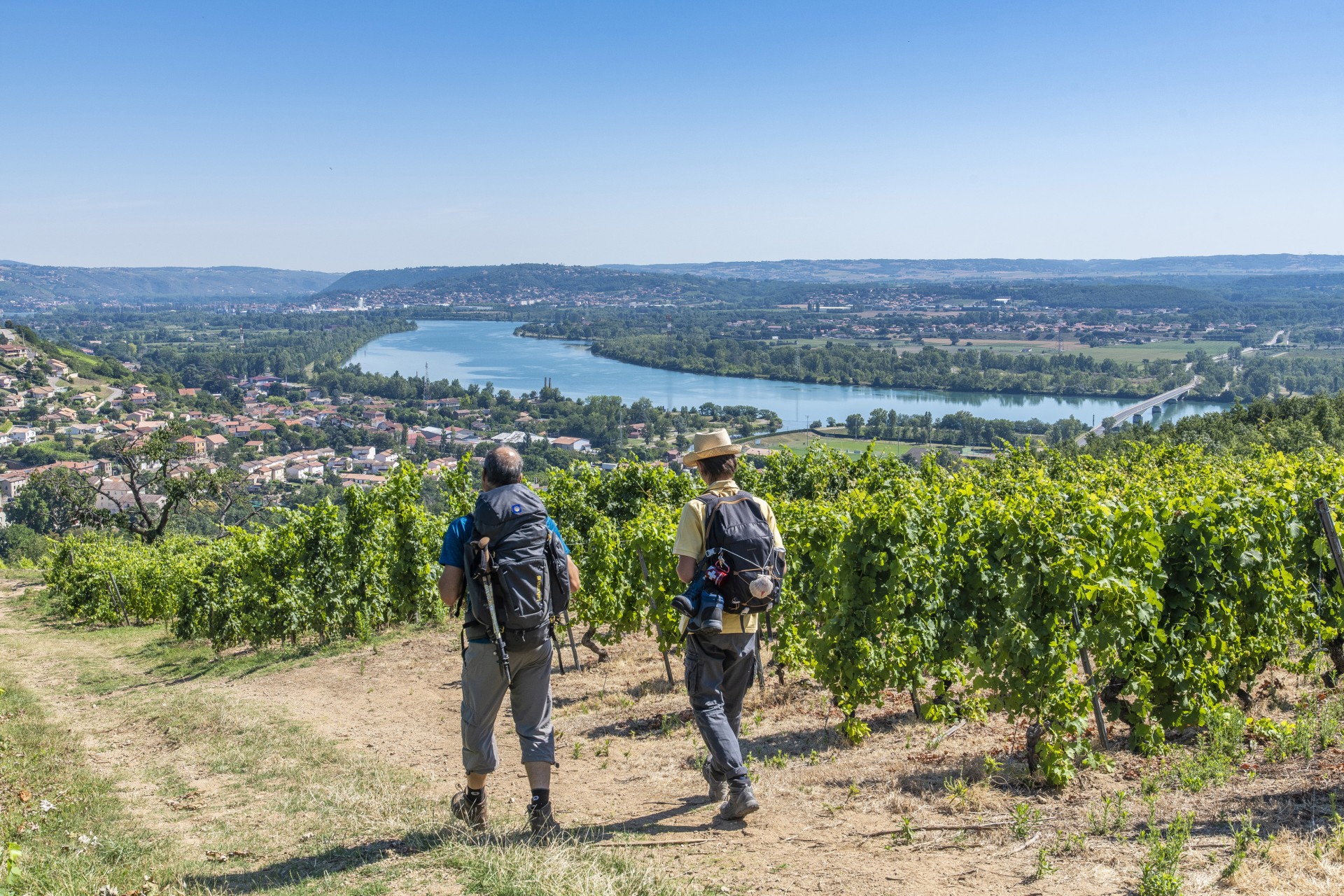 Deux randonneurs avec sacs à dos et bâtons de marche, redescendent à pieds dans les vignes pour rejoindre Condrieu avec en perspective le Rhône et ses méandres