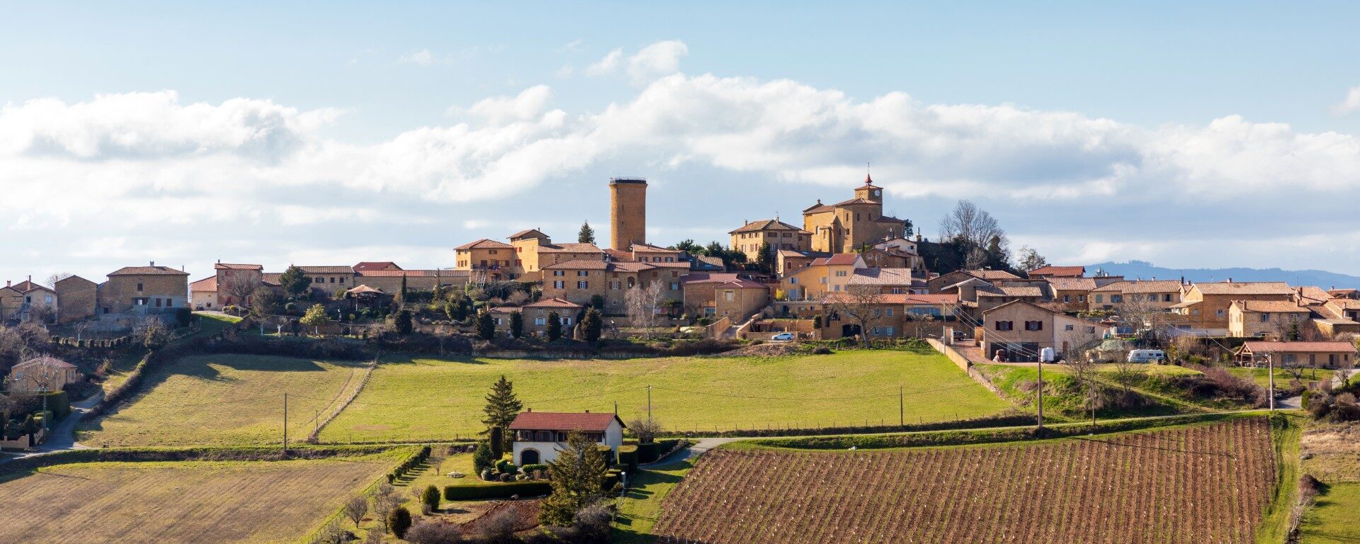 Vue de loin sur le village d'Oingt classé parmi les 