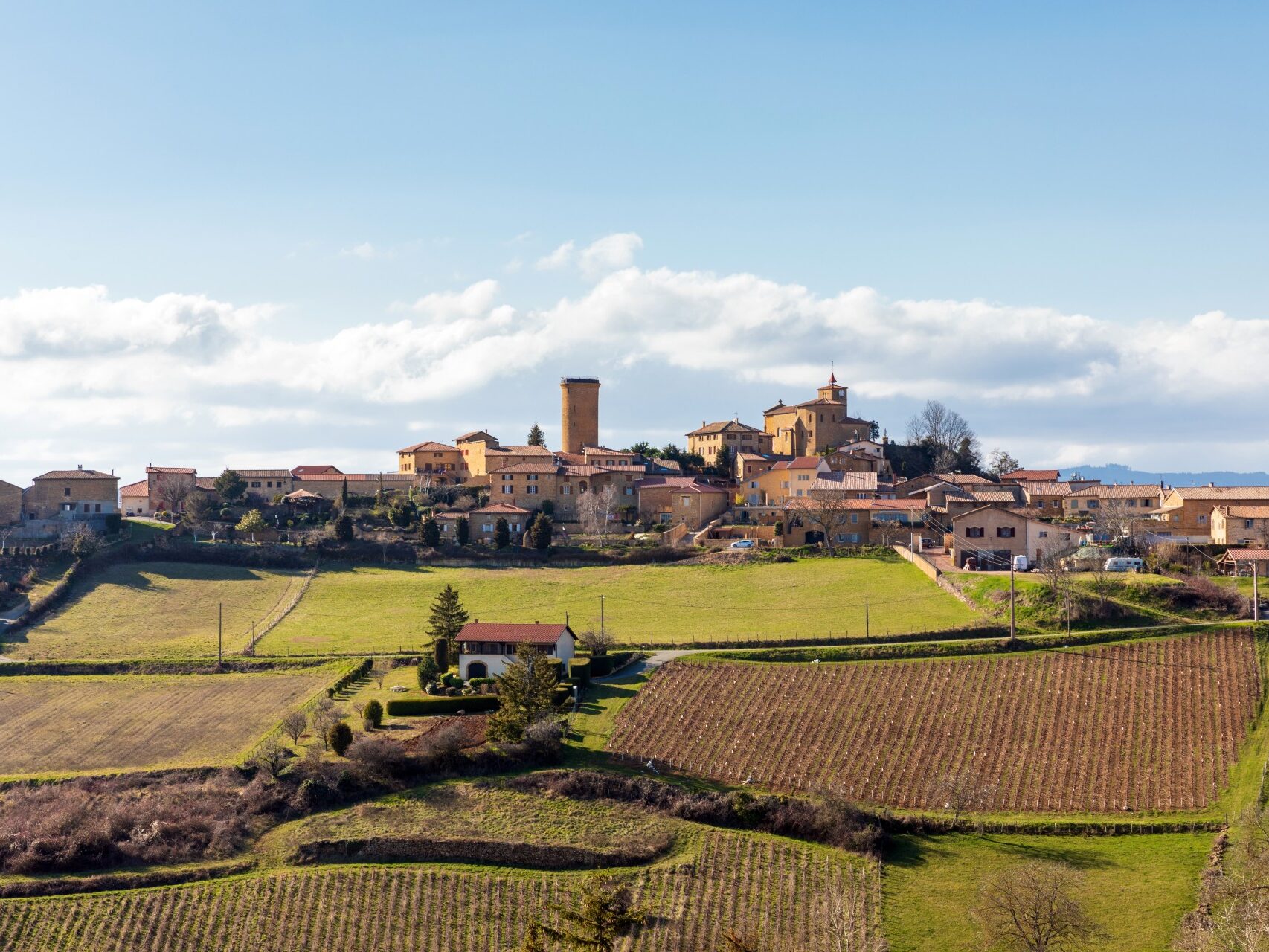Vue de loin sur le village d'Oingt classé parmi les 